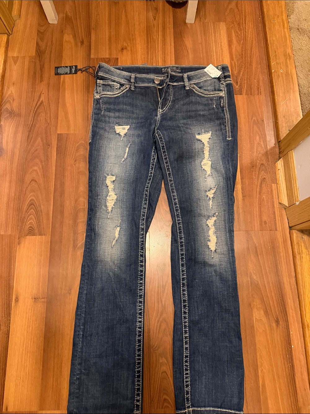Silver Jeans Dark Blue Distressed Boot Cut Jeans
